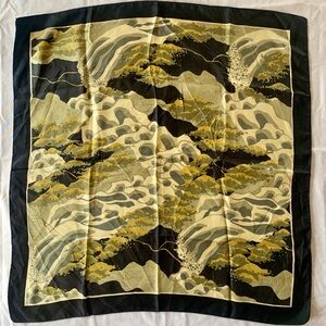 Vintage Abstract Scenic Silk Scarf – Japanese Woodblock Print Style – 26x26